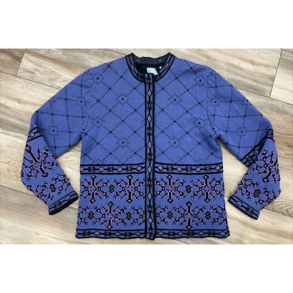 FROST WOMENS FULL ZIP SWEATER 100%‎ WOOL SNOW FLAKE PURPLE SIZE M